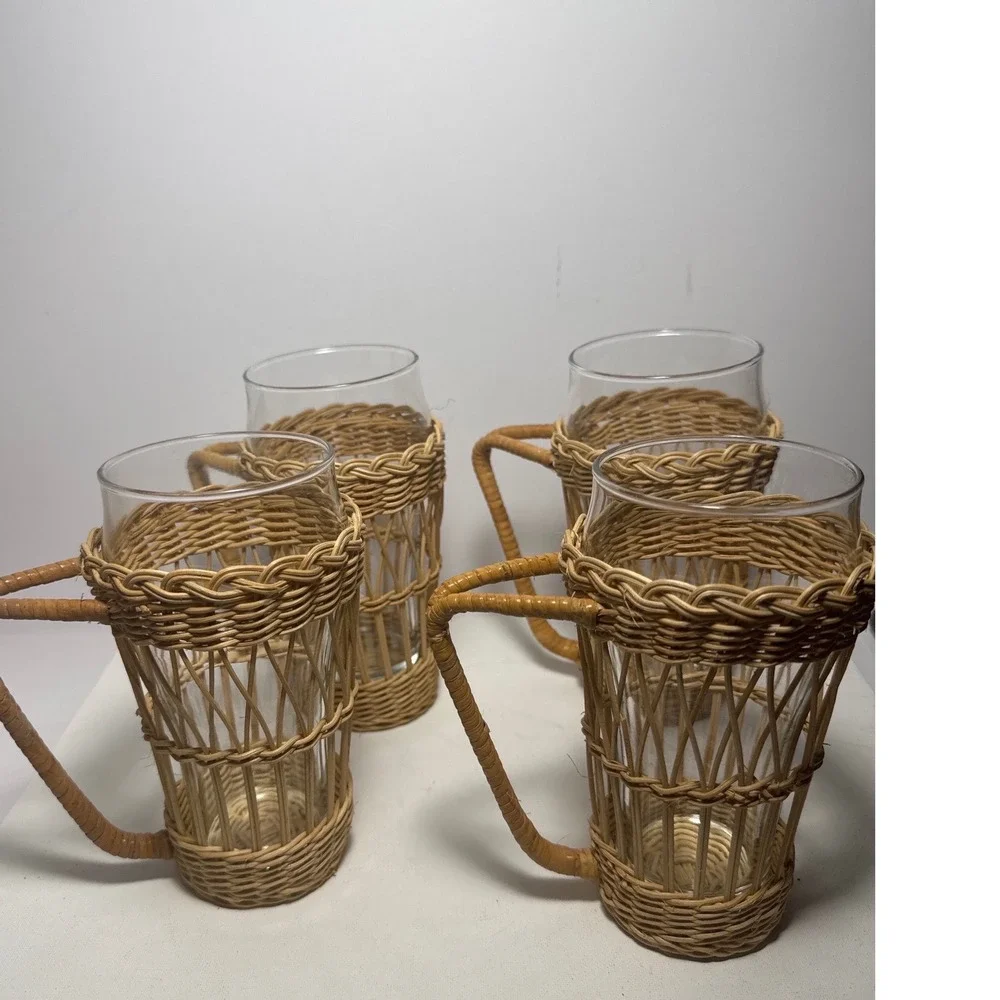 Wicker Glass Mugs Set of 4 Tan Boho Rattan Sleeves Cottagecore